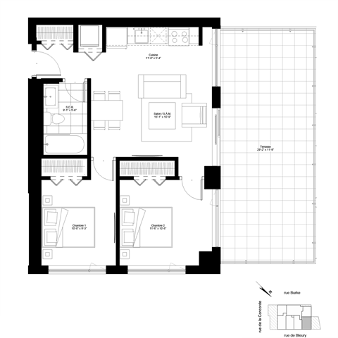 Floor plan for 2 beds, 1 bath, 723 sqft